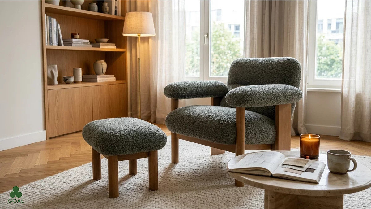 مبل تکنفره لاونج و پاف بوکله در کارگاه ساخت مبل از روی عکس GOAL Furniture